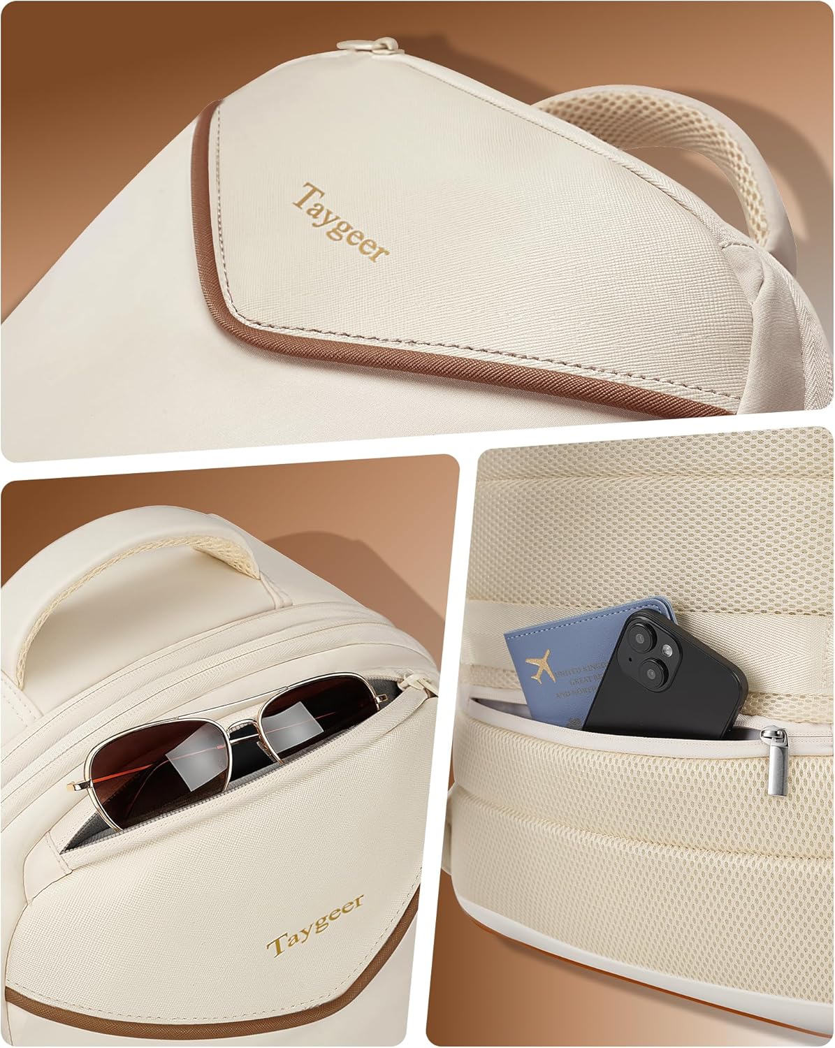 Taygeer 35L Travel Backpack Carry On with Lock, TSA Flight Approved Carry on Backpack with USB Charging Port, Expandable Weekend Trip Backpacks Fits 15.6 Inch Laptop for Women, Beige & Brown - Image 6