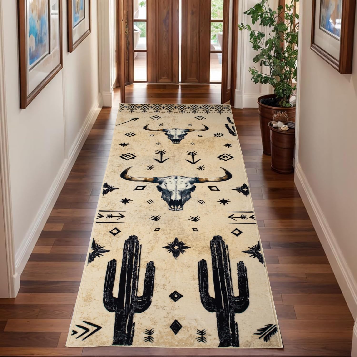 MUGINYU Western Aztec Runner Rug 2x6 for Bathroom Home Decor,Farmhouse Vintage Desert Cactus Bull Skull Area Rug,Cowhide Rug Cow Print Rug Non Slip Washable (Western Cactus)