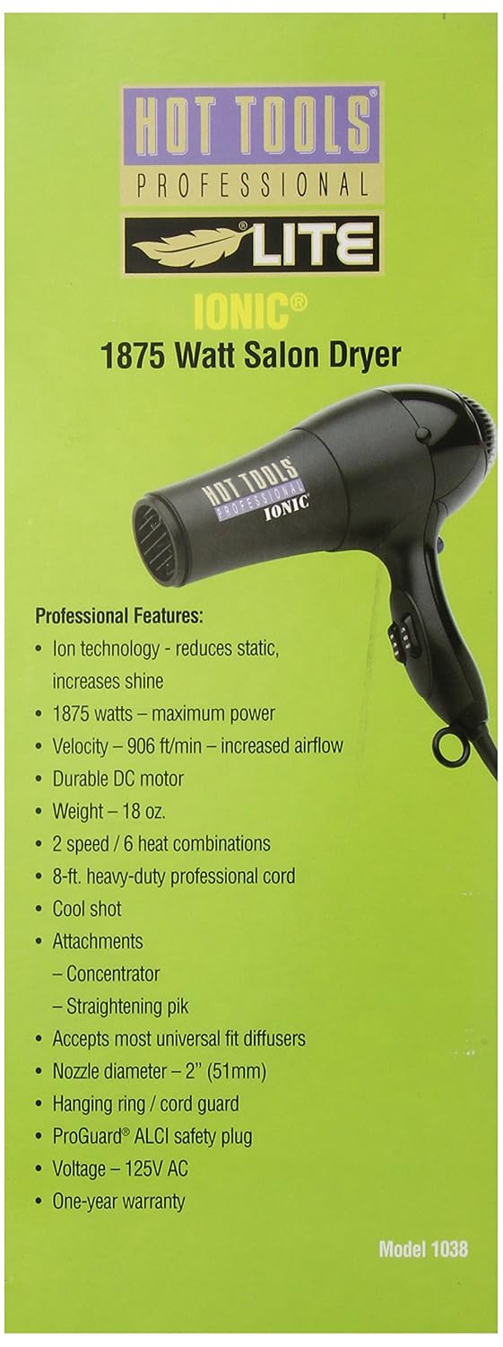 Side view of Hot Tools Professional HT1038 Ionic Salon Dryer packaging listing professional features.