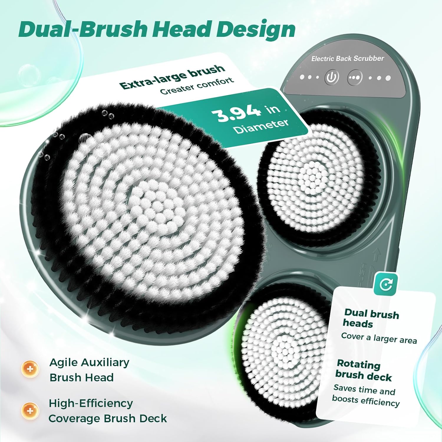 Electric Back Scrubber for Shower - Wall Mounted Exfoliating Brush, Hands-Free Automatic Body Scrubber, 3-Speed Adjustment with 2 Spin Skin Bath Brush Heads,IPX7 Waterproof