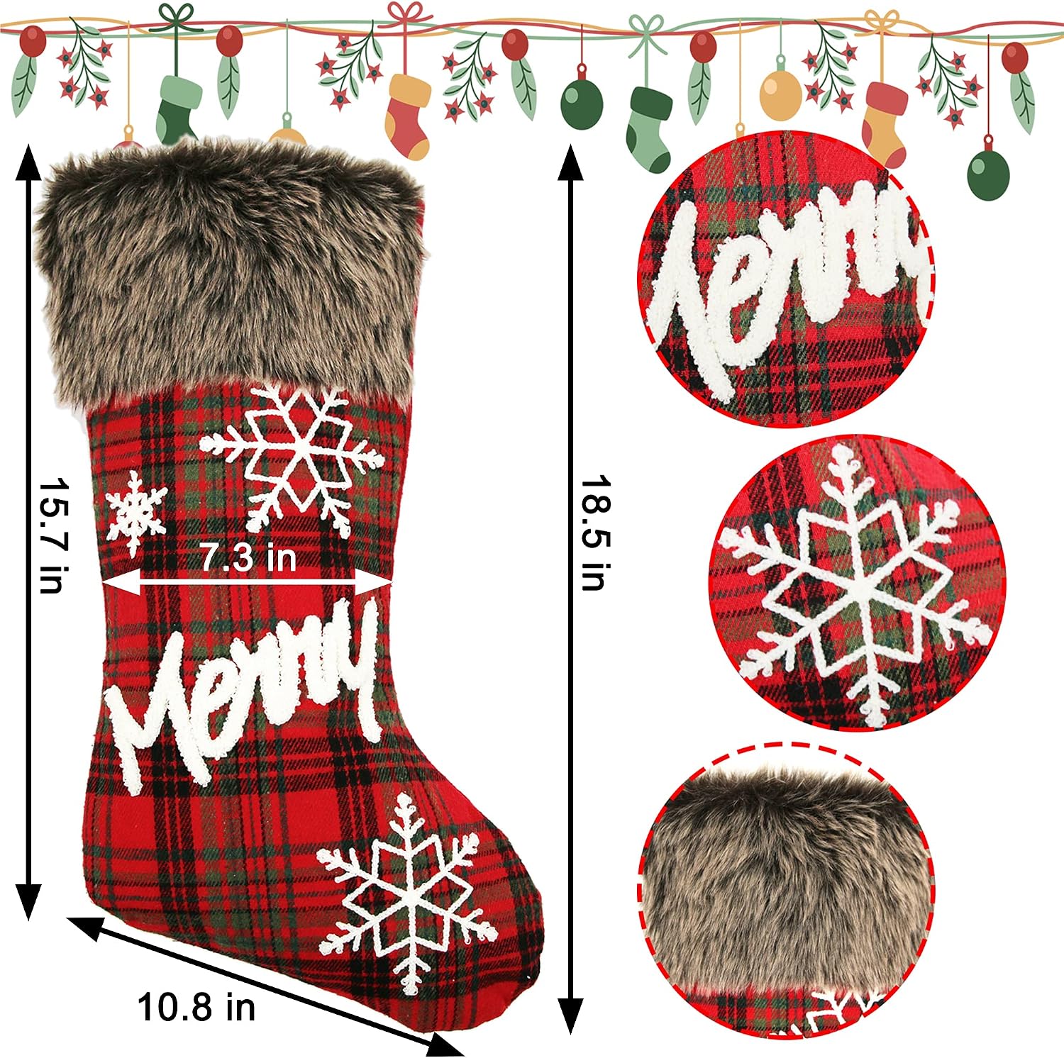 Sunnyglade 4 Pack 18.5" Christmas Stocking Classic Red & Black Buffalo Plaid Stockings and Plush Faux Fur Cuff Stockings for Family Holiday Christmas Party Decorations