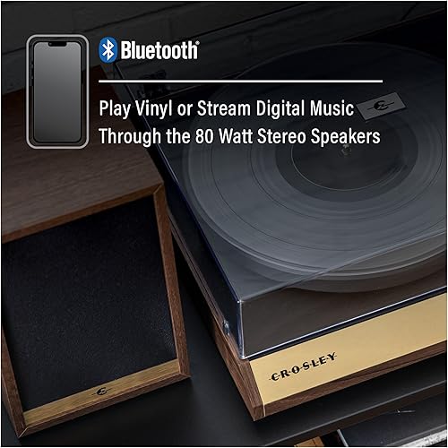Miniatura 5 de Crosley C72 - Tocadiscos Bluetooth de 2 velocidades con transmisión por correa con altavoces de 80 W y brazo de fibra de carbono, nogal