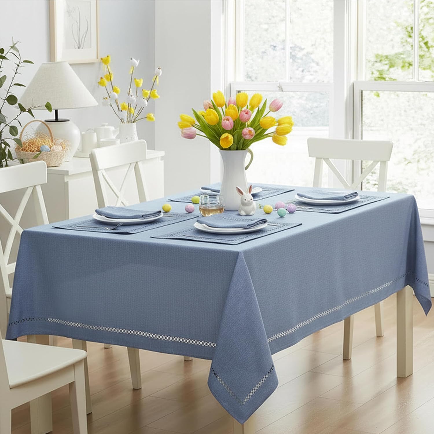 Newbridge Fabric Rectangle Tablecloth, 60 x 120 Inch, Provence Lattice Cutwork Solid Color Textured, Water and Stain Resistant Easy Care Table Cloth for Parties, Wedgewood Blue