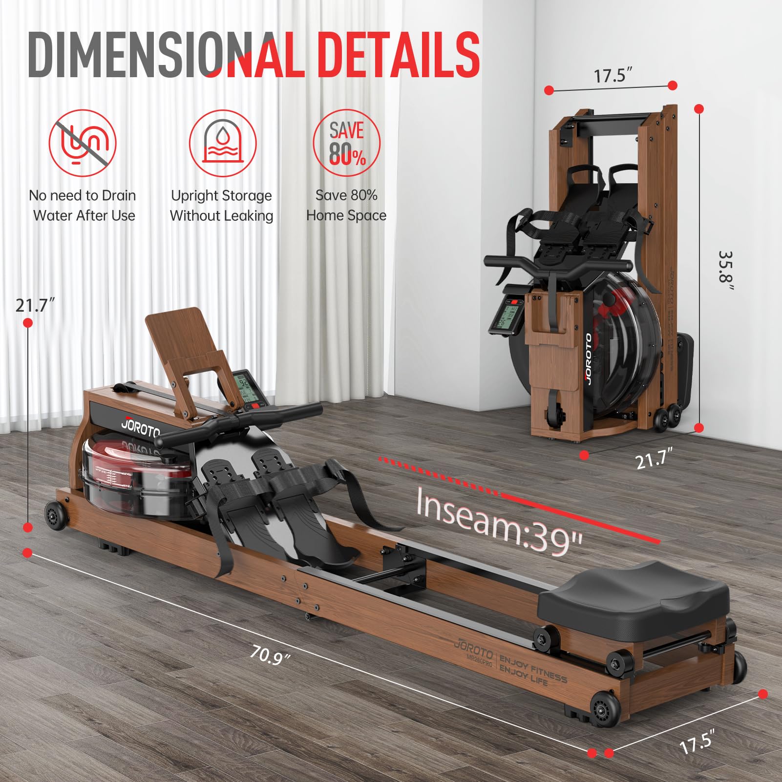 JOROTO Water Rowing Machines for Home, Foldable Rowing Machine with 400LBS Weight Capacity, Dedicated Monitor & Bluetooth APP, Large Water Tank & Comfortable Seat for Immersive Water Rower