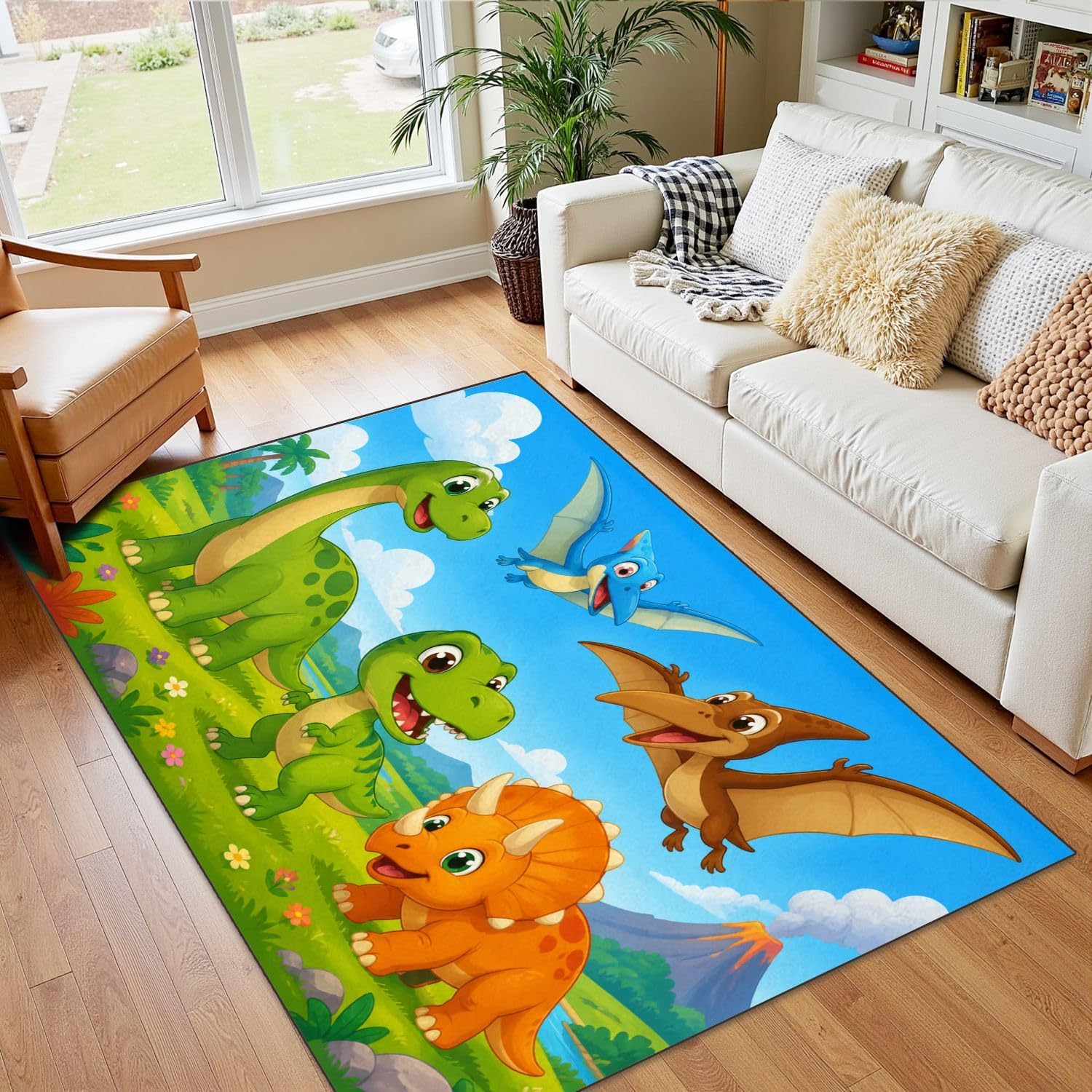 4x5 Boho Rug Rugs for Living Room Rugs for Entryway Cute Cartoon Dinosaurs Colorful Prehistoric Landscape Bedroom Rug Door Mat Nursery Room Decor Rainbow Carpet