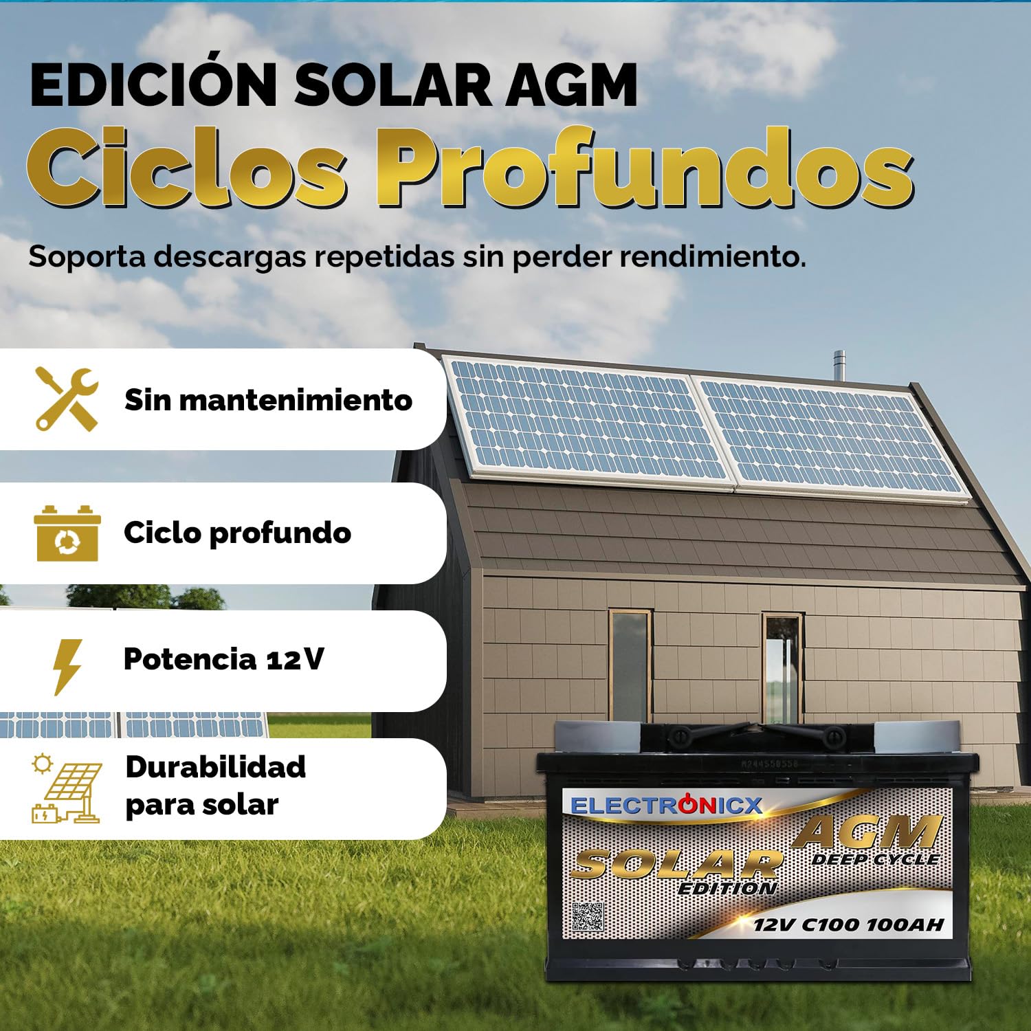 Batería Solar AGM 12V 100Ah Sin Mantenimiento, Ciclo Profundo para Caravana, Barco, Autocaravana, Caseta y Sistemas Solares Off-Grid – Electronicx Solar Edition Energía