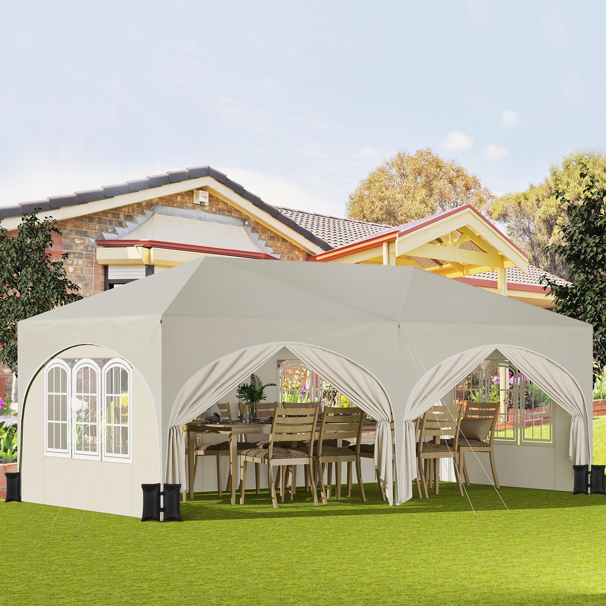 WOLTU Tonnelle de Jardin, Pergola, Barnum, Tonnelle Pliante 3x6m avec 6 Parois Latérales et 4 Sacs de Sable, Gazebo, Hauteur Réglable, Imperméable, Protection de UV, avec Sac de Transport Beige