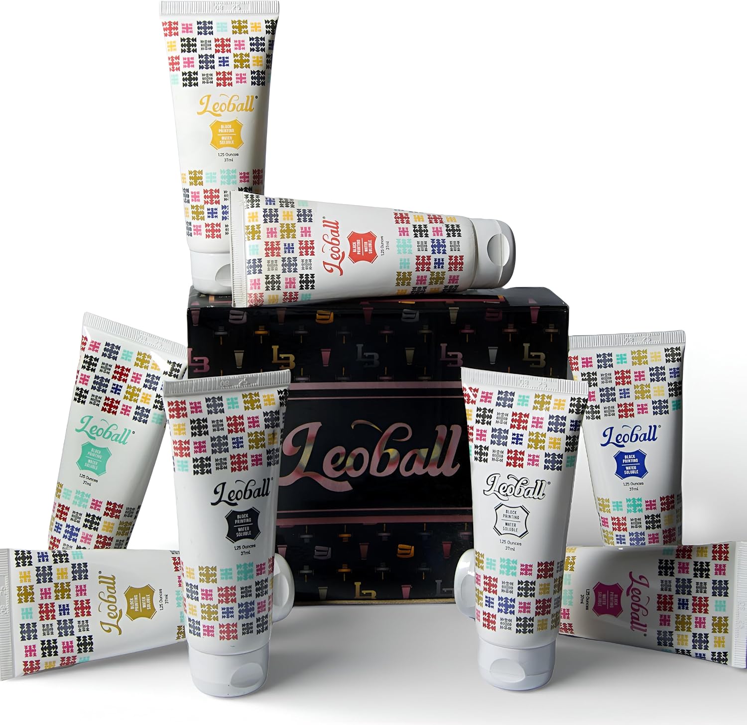 Leoball® Water-Soluble Block Printing Ink CMYK+ Master Set of 8 Must-Have Colors with Lustrous Finish, 1.25-Ounce Tubes