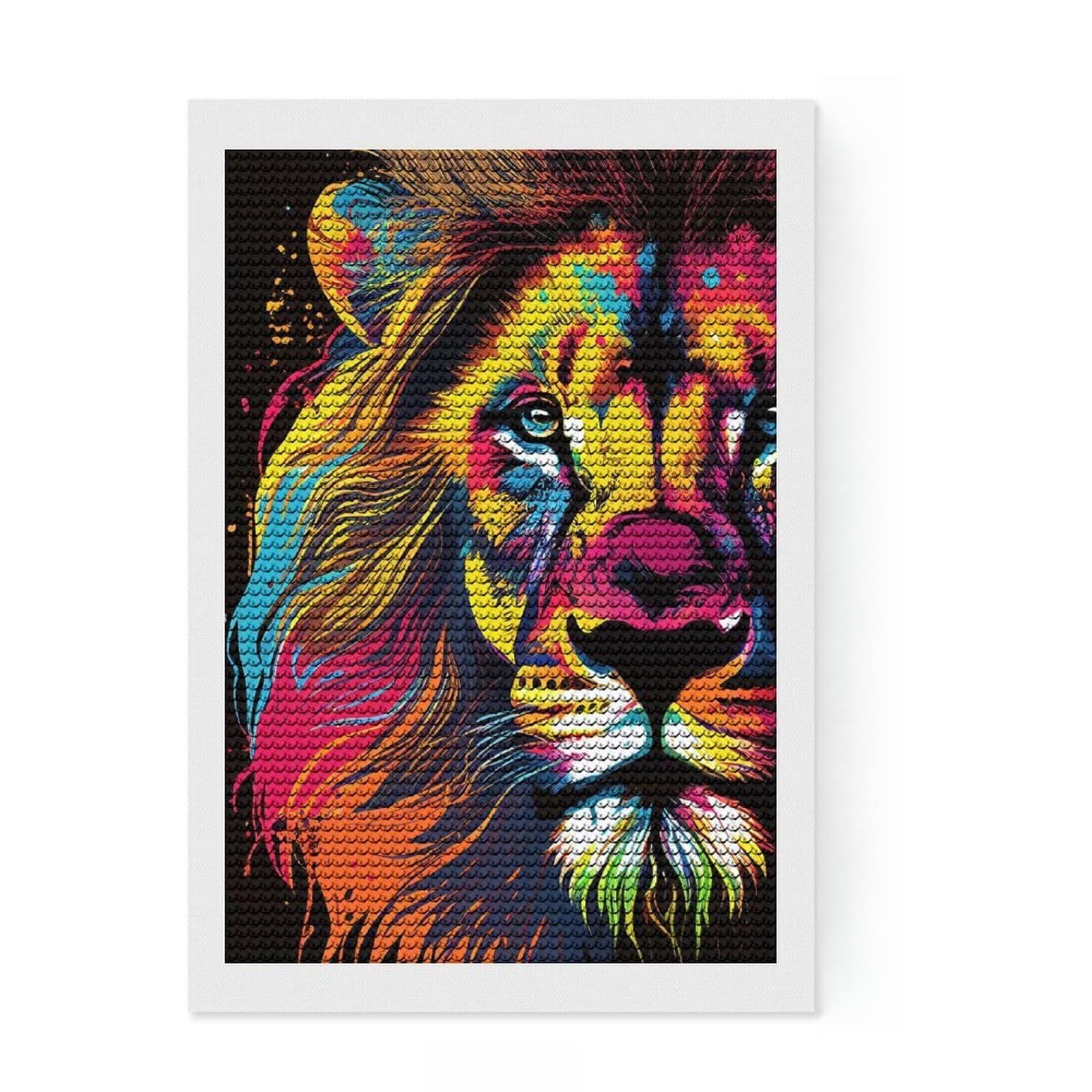 Junmoney Lion Pop Art Animal Face Diamond Painting Set 8"x12", Fun Craft Experience, Sparkling Round Gems, Office Decor, for Adults, Adhesive Canvas