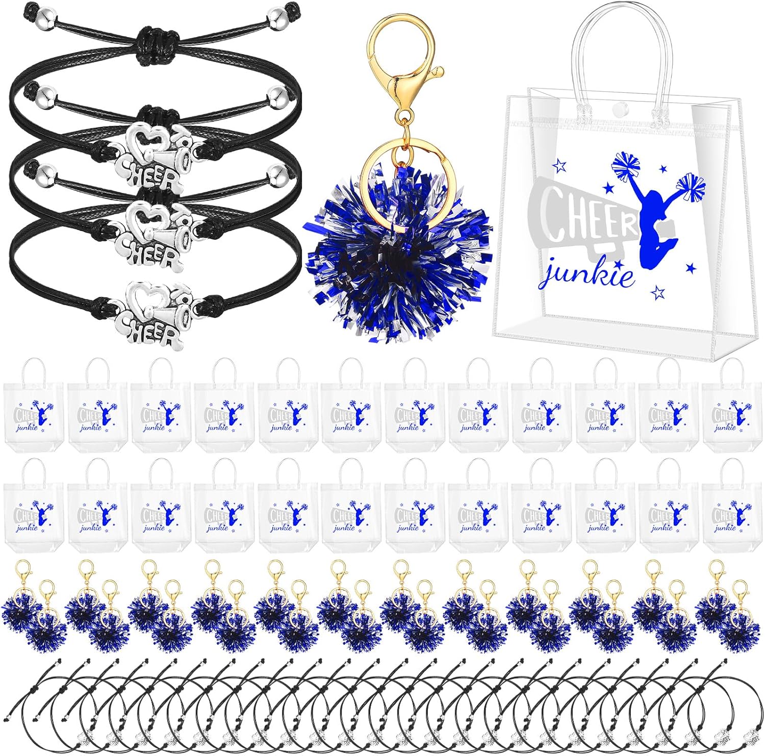 Landical 72 Pcs Cheerleading Gifts Set 24 Cheer Bags 24 Pom Pom Keychain 24 Cheerleader Bracelet, PVC Transparent Tote Bags Bulk Accessories for Women Teammate Team Coach Gift