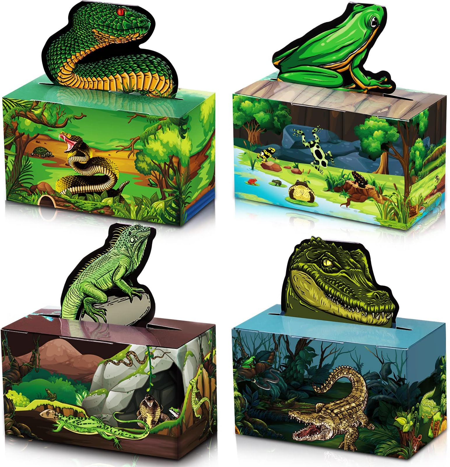 Nezyo 24 Pcs Reptile Party Favor Reptile Party Bags Snake Birthday Decorations Lizard Frog Crocodile Boxes for Jungle Baby Shower Birthday, 4. 8 x 2. 4 x 6. 3 Inch