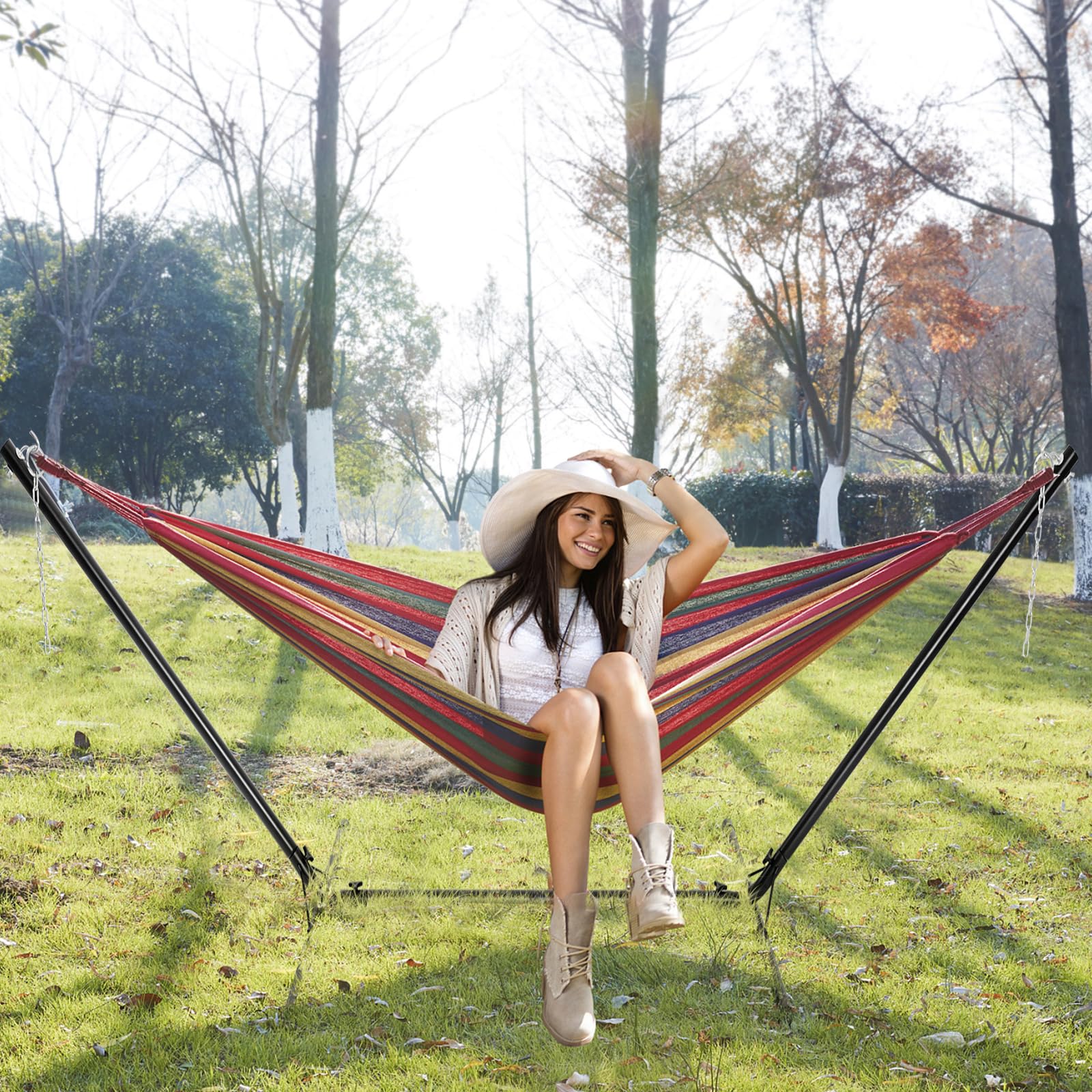 GOPLUS Soporte de Hamaca Universal portátil, Carga máxima 150 KG Material de Hierro, Resistente con Cadena para Colgar, Negro para jardín Camping Balcón, 325 x 100 x 106 CM