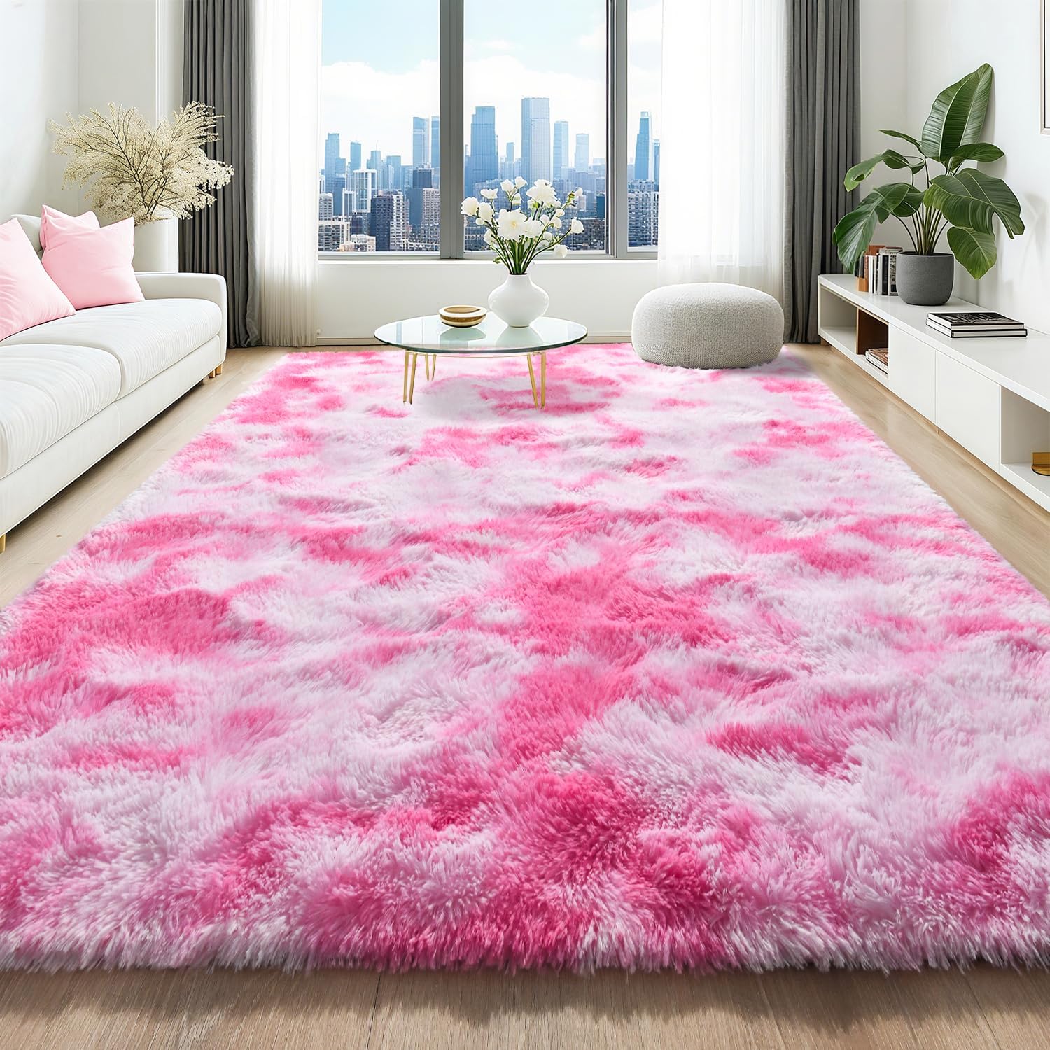 HQAYW 4x6 Area Rugs for Living Room, Pink Tie-Dyed Ultra Soft Fluffy Washable Non-Slip Rug, Plush Shaggy Modern Indoor Carpet for Kids Girls and Boys Dorms Nursery Bedroom Office Home Decor