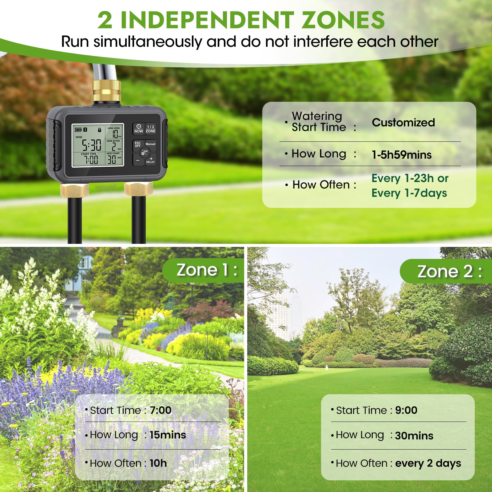 Sistema di irrigazione a goccia da 30 m con timer intelligente – Kit di irrigazione automatica da giardino con connettori in ottone a doppio tubo metallico, ugelli regolabili a 360° e tubo pieghevole