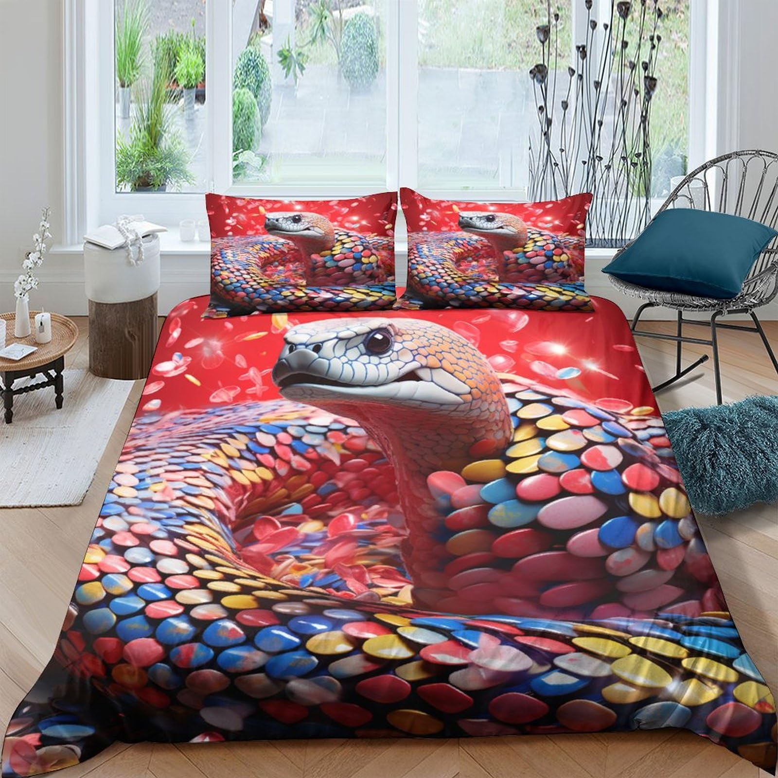 Housse de couette serpent 3D King 220x240cm avec taies d'oreiller microfibre douce