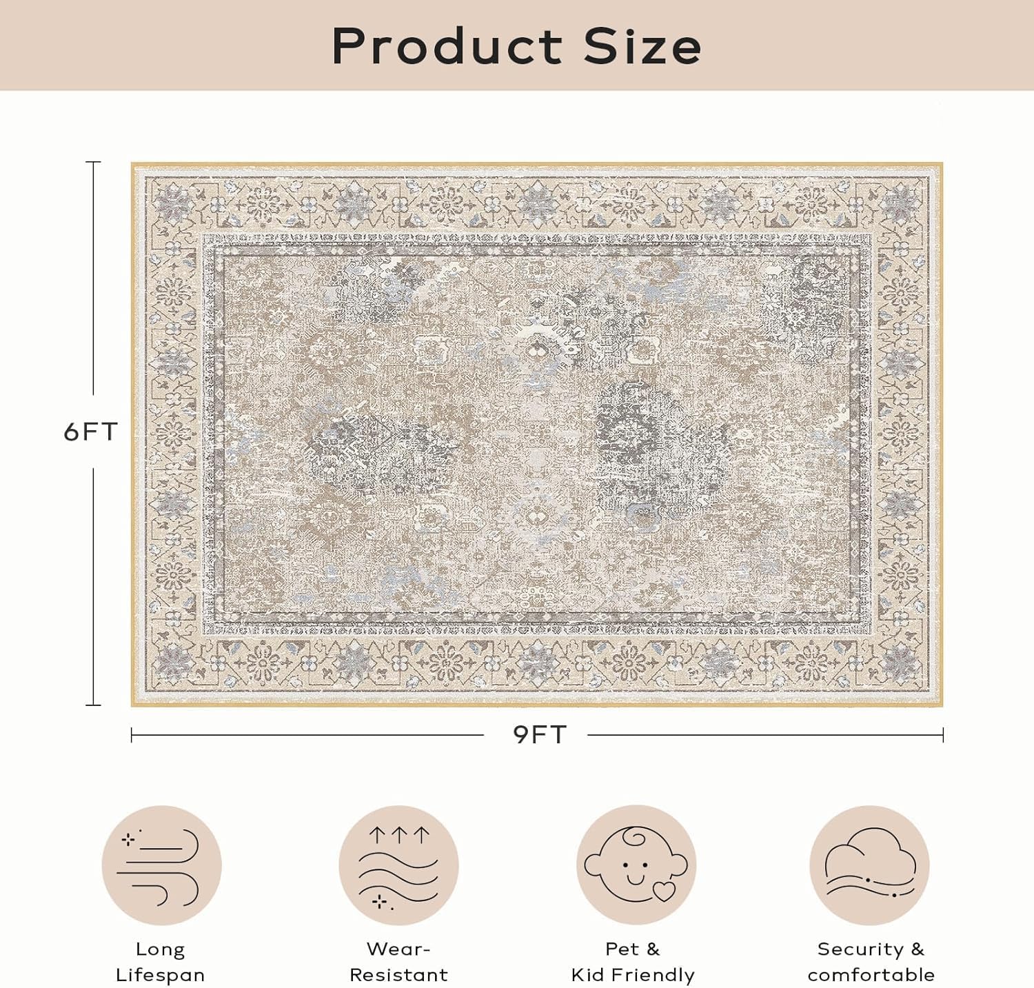 Ashler Boho Area Rug, 6x9 Vintage Carpet for Living Room, Bedroom, Kitchen, Dinner - Beige/Natural/Light Coffee Home Decor - Non-Slip & Machine Washable, Large Size CMC1