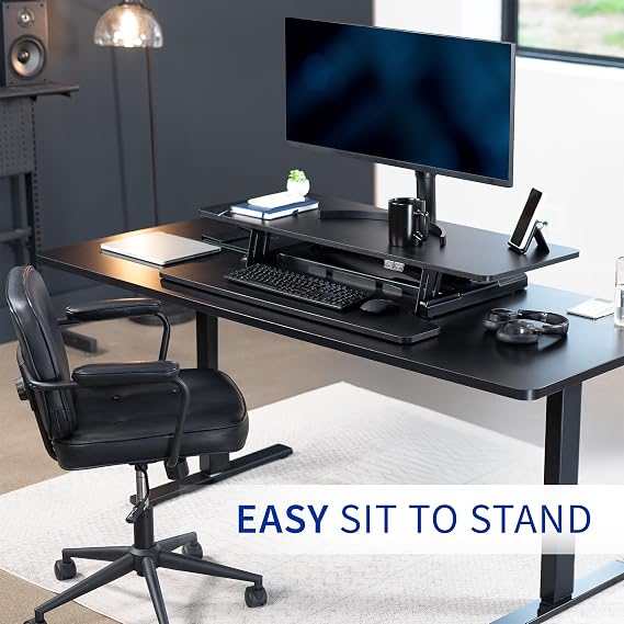 VIVO 107cm Electric Motor Desk Converter, Height Adjustable Riser, Sit to Stand Dual Monitor and Laptop Workstation with Wide Keyboard Tray, Black, DESK-VE42B
