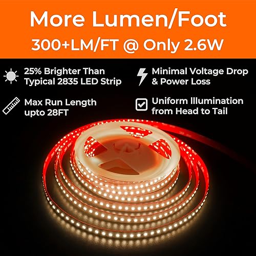 Miniatura 4 de Tira de luces LED de 24 V 2835 3000 K, 16.4 pies, certificación UL, CRI95, cinta de luz de alta densidad de 160 LEDsm, cortable, regulable, equipada
