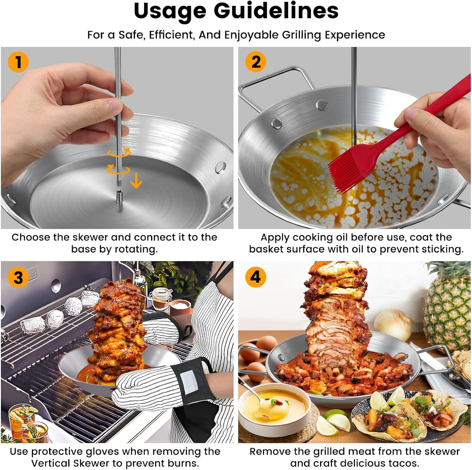 Pipihome Supporto Verticale per Spiedini, Spiedini per Barbecue con 3 Punte di Ricambio, Spiedo per Barbecue (A)