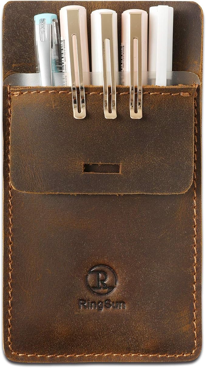 Ringsun Pocket Protector for Men, Full Grain Leather Pen