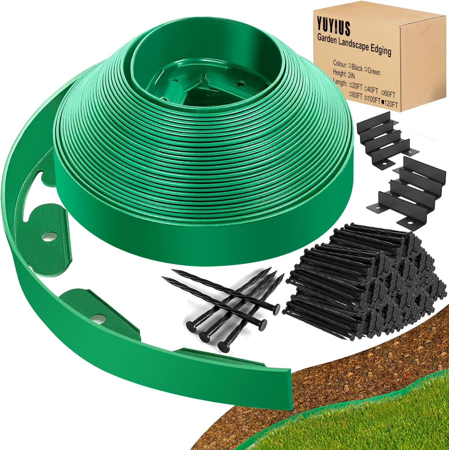 Landscape Edging - Garden Edging Border 120FT 2IN Tall with 180 Stakes, No Dig Lawn Edging for Landscaping for Garden Bed, Yard, 0.15" Thick Flower Bed Border Edging with Connector for Outdoor GREEN 2 IN X 120 FT with 180 Stakes