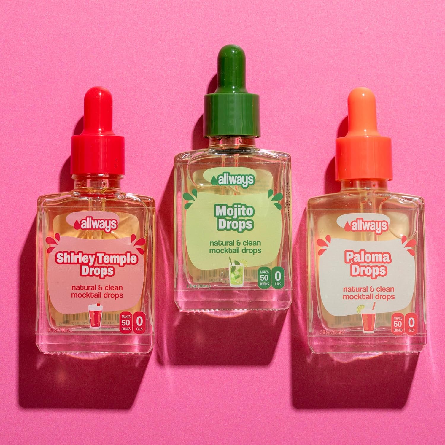 Allways Drops Mocktail Pack | Includes Shirley Temple, Paloma, and Mojito Drops | Sweetened with Monk Fruit, Zero Sugar, Zero Calories, Dye-Free | Each Glass Bottle Makes Up to 50 Drinks image 2