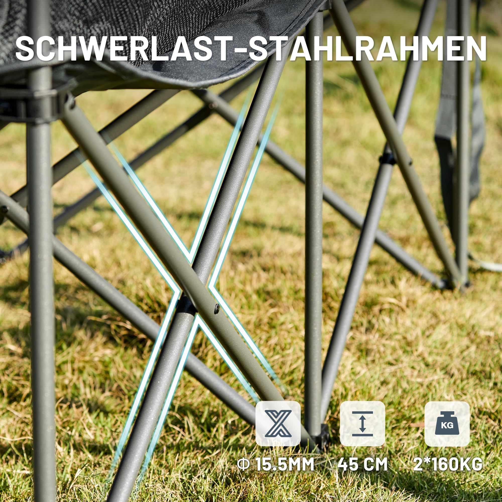 TIMBER RIDGE Campingstuhl Faltbar für 2 Personen 320KG Belastbar Faltsofa Klappstuhl XXL 2 Sitzer Campingsofa mit Getränkehaltern und Seitentasche Hohe Lehne Sessel für Outdoor Camping Balkon Garten