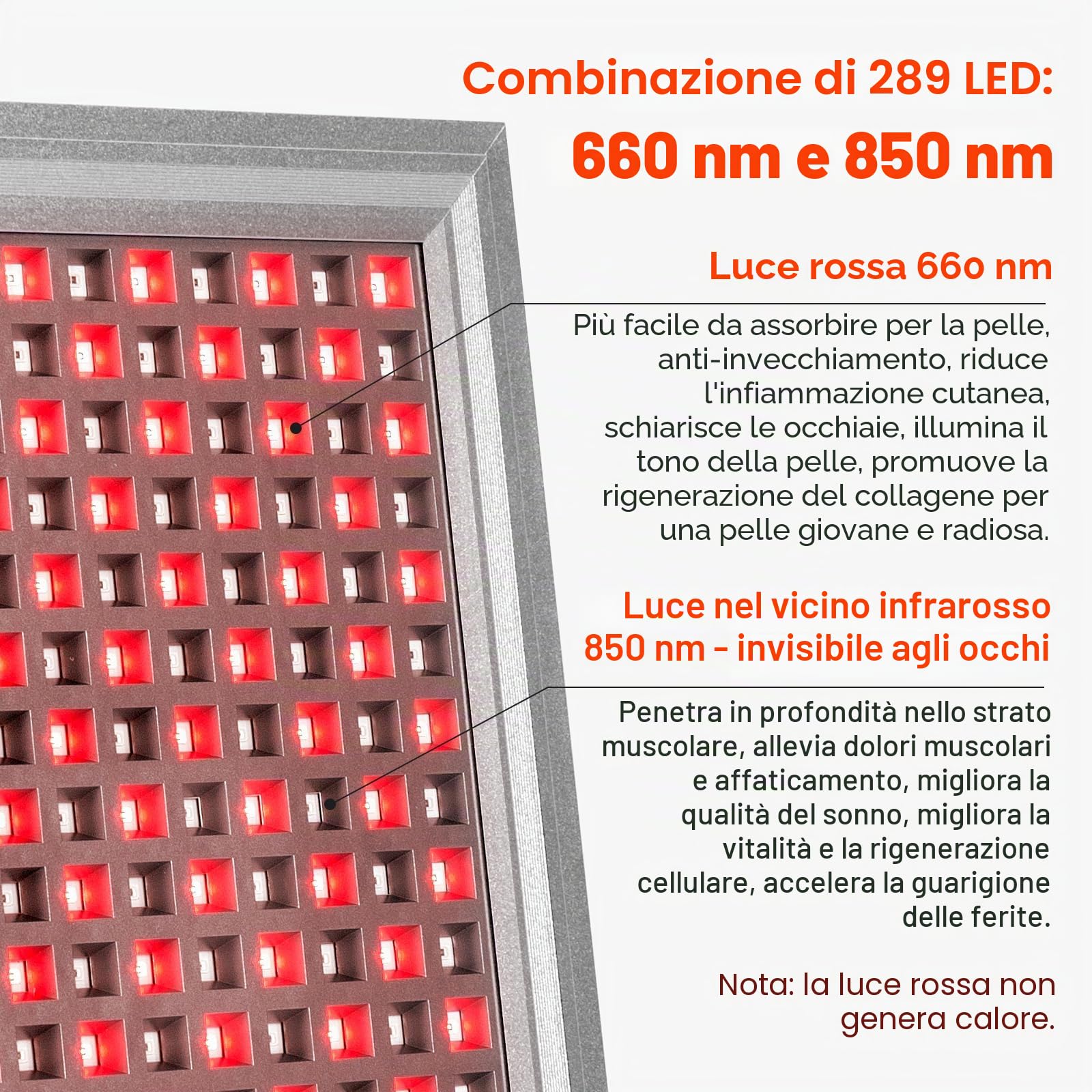 Lampada Infrarossi, Relassy Luce Rossa Viso 660nm 850nm, Panel Luz Roja 5 Llivelli di Luminosità, 289 LEDs con Supporto E Timer, per Viso, Corpo, Telaio In Alluminio, Lampada Non Produce Calore