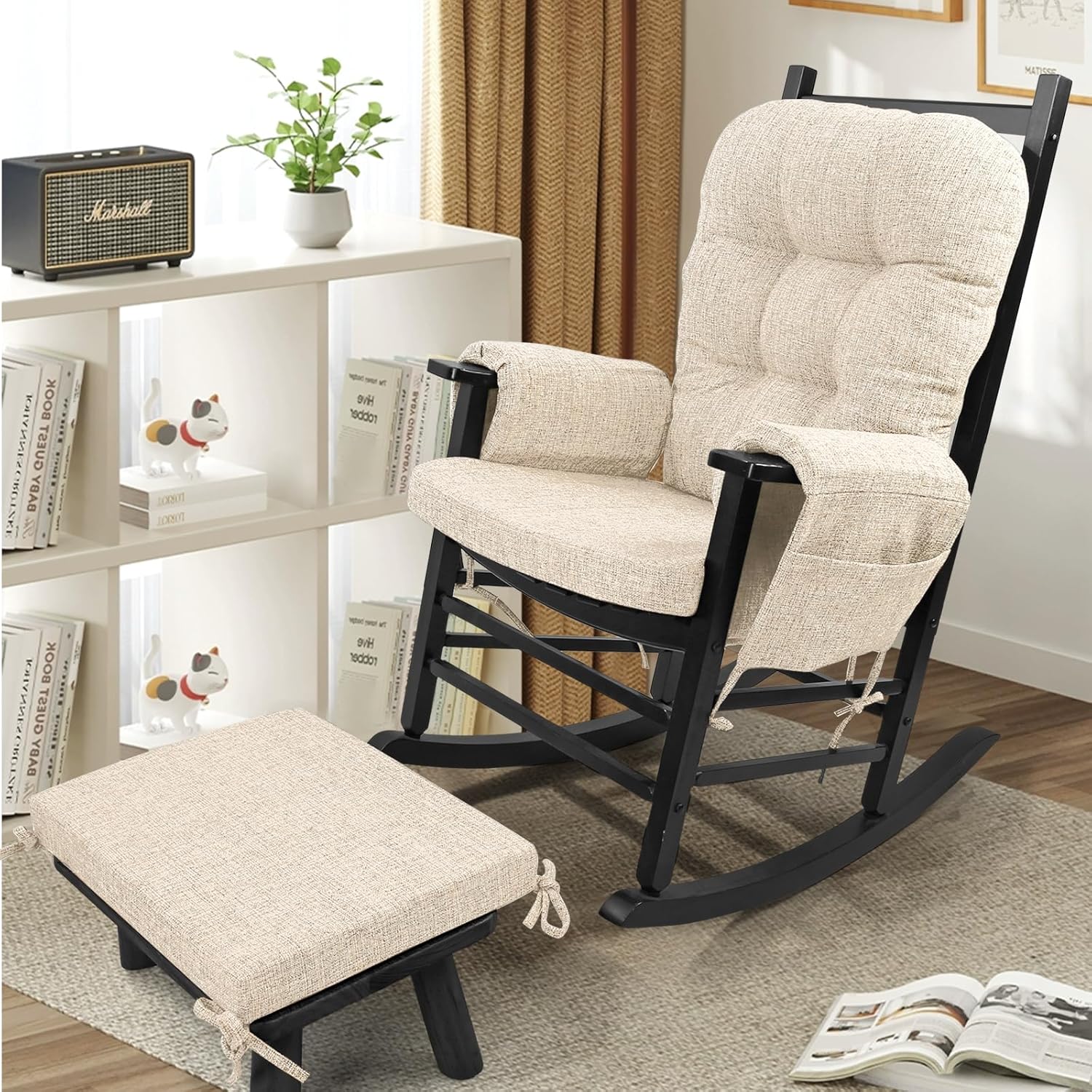 sinosso glider rocker cushion set (5 pcs), soft blended fabric high-density support foam seat cushions with ties, fits rocking chair/nursery glider & ottoman, beige