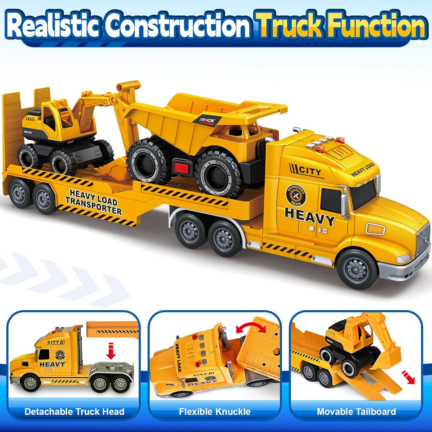 Toddler Boy Toys for 3 4 5 6 7 Years Kids, 27" Semi Construction Carrier Truck Toy with Excavator and Dump Truck, Friction Powered Toys with Lights and Sounds, Birthday for Boy Girls