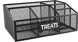 Ctomche Dog Treat Tin Container, Metal Mesh Pet Food Storage Organizer with 6 Compartment, Pet Treat Storage Box for Dogs Cats Treats, Snack Container for Dog, Cat, Small Animal-Black
