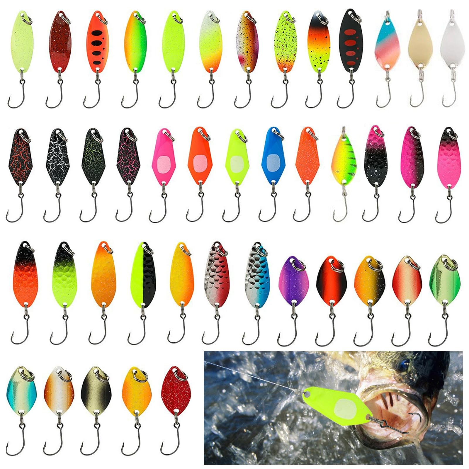 Lot De 43 Cuillères à Truite WANDGU – 2,3 / 2,8 / 3,3 / 5 G – Boîte De Rangement Incluse – Pour Perche, Sandre, Brochet