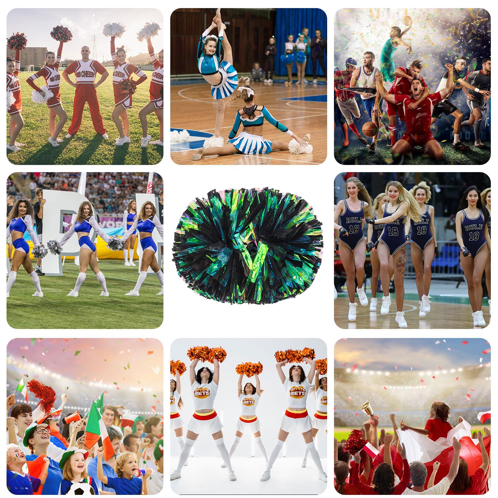 Pompon da cheerleading, 26 pezzi con manico, feste da ballo e per adulti – Pompon ideali per gli appassionati ﻿ (nero opaco)