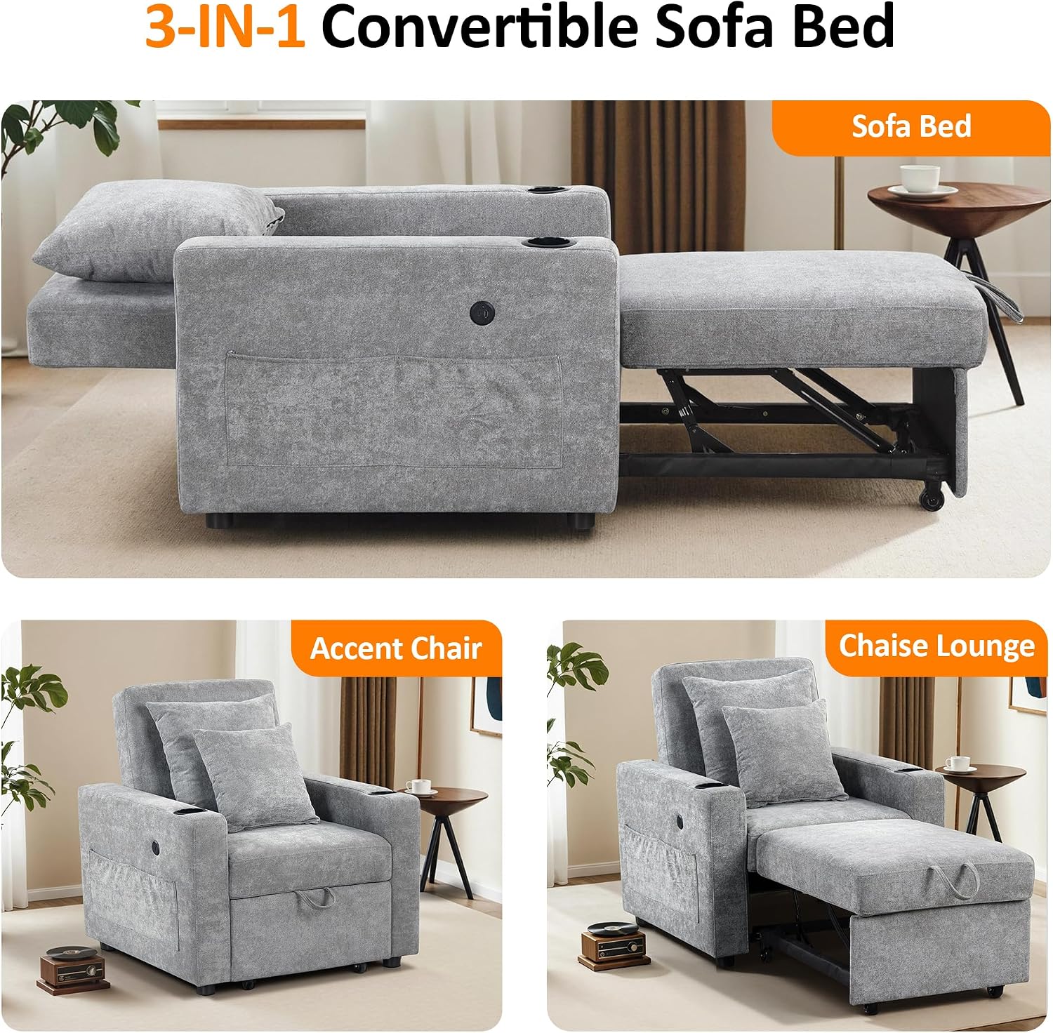 MCombo Convertible Sleeper Chair Bed, 3-in-1 Folding Sofa Chair with Adjustable Backrest, Pull-Out Bed with USB Port, Cup Holders, Linen Fabric, for Small Spaces Living Room Guest Room Office VN6001