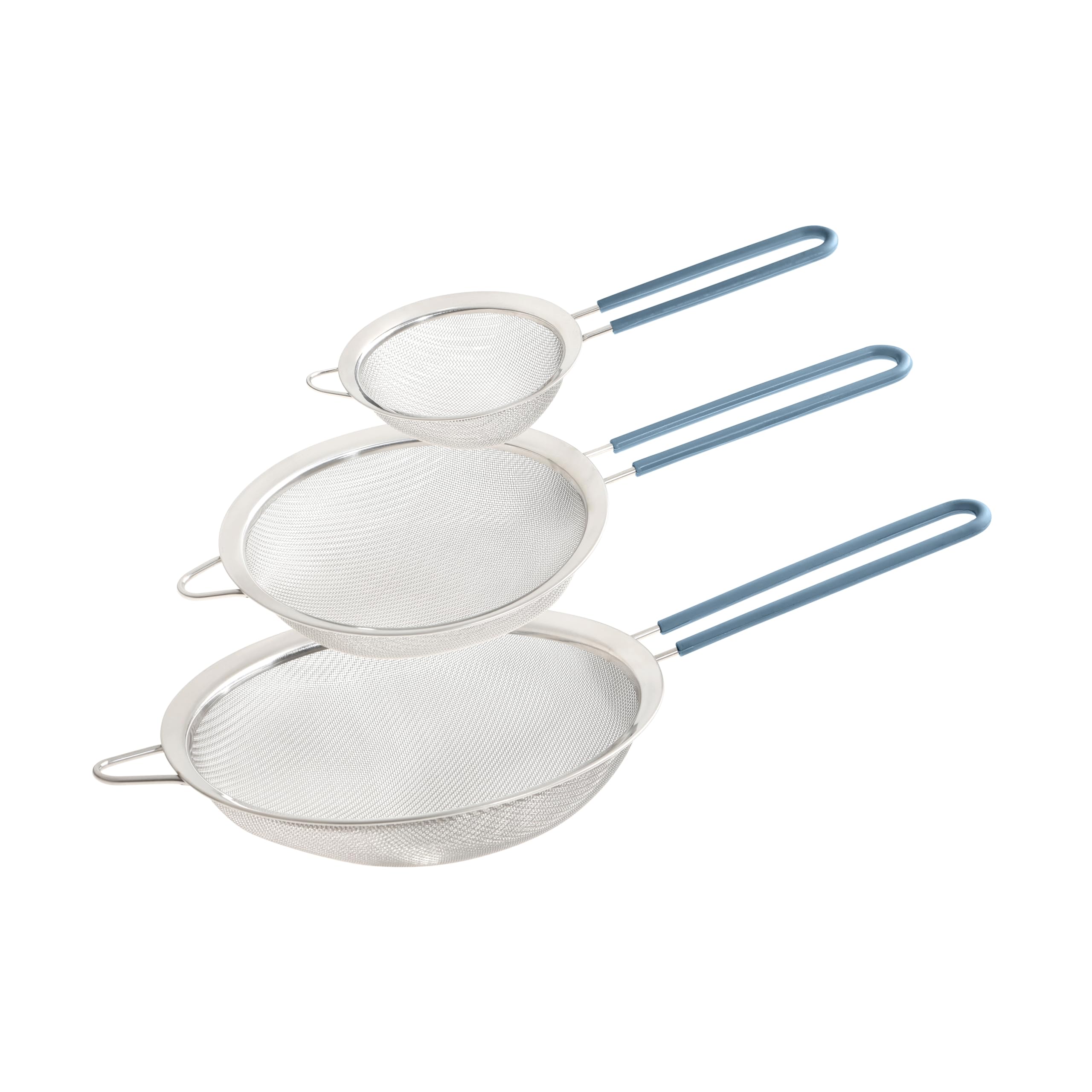 Wiltshire Set of 3 Sieves, Stainless Steel Fine Wire Mesh Strainer with Non-Slip Silicone Coated Handle, Colander & Sifter, Sift Strain Drain & Rinse, 10cm 15cm & 20cm, Dishwasher Safe, Petrol Blue