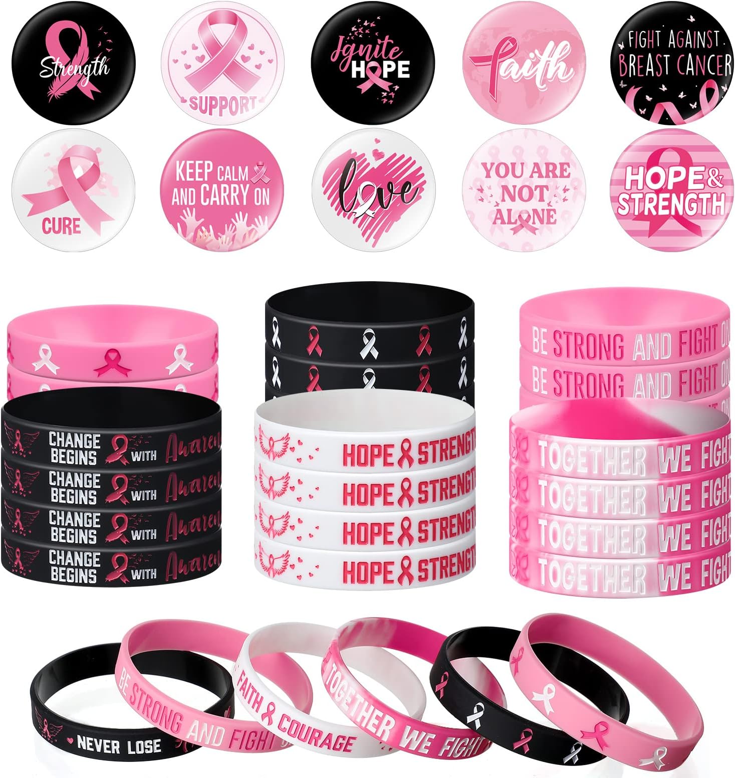 60 Pcs Breast Cancer Awareness Accessories Include 30 Pink and Black Ribbon Silicone Bracelet Rubber Wristband and 30 Novelty Button Badges Pins for Event Marathon Survivor Gifts Party Supplies Favors
