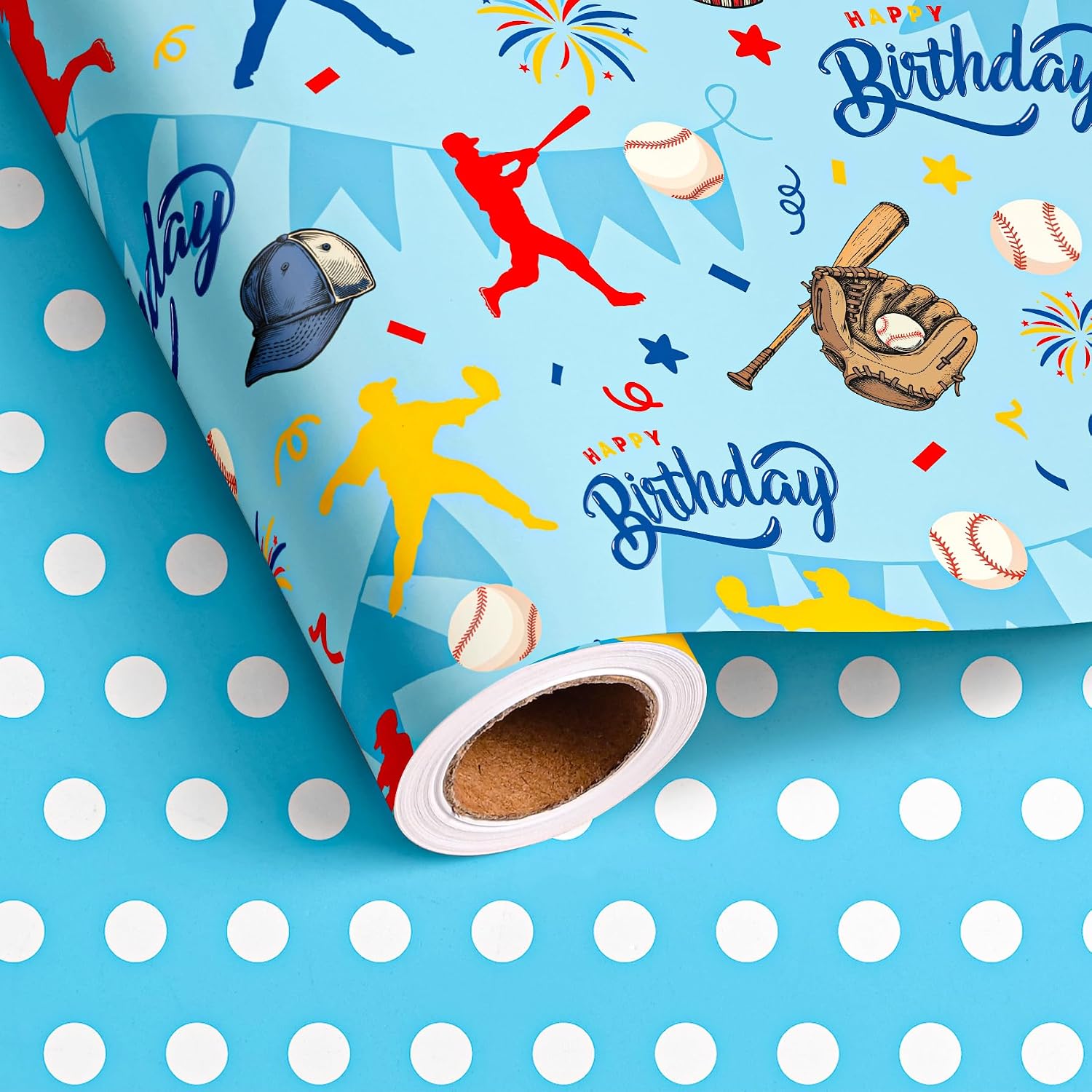 Vnaaem Reversible Baseball Wrapping Paper Roll for Boys Kids - Red and Blue Sports Birthday Gift Wrap & Blue Polka Dot Design for Kid's Birthday Baby Shower Holiday Baseball Party - 17 in x 20 ft(Total 28.5sq.ft)