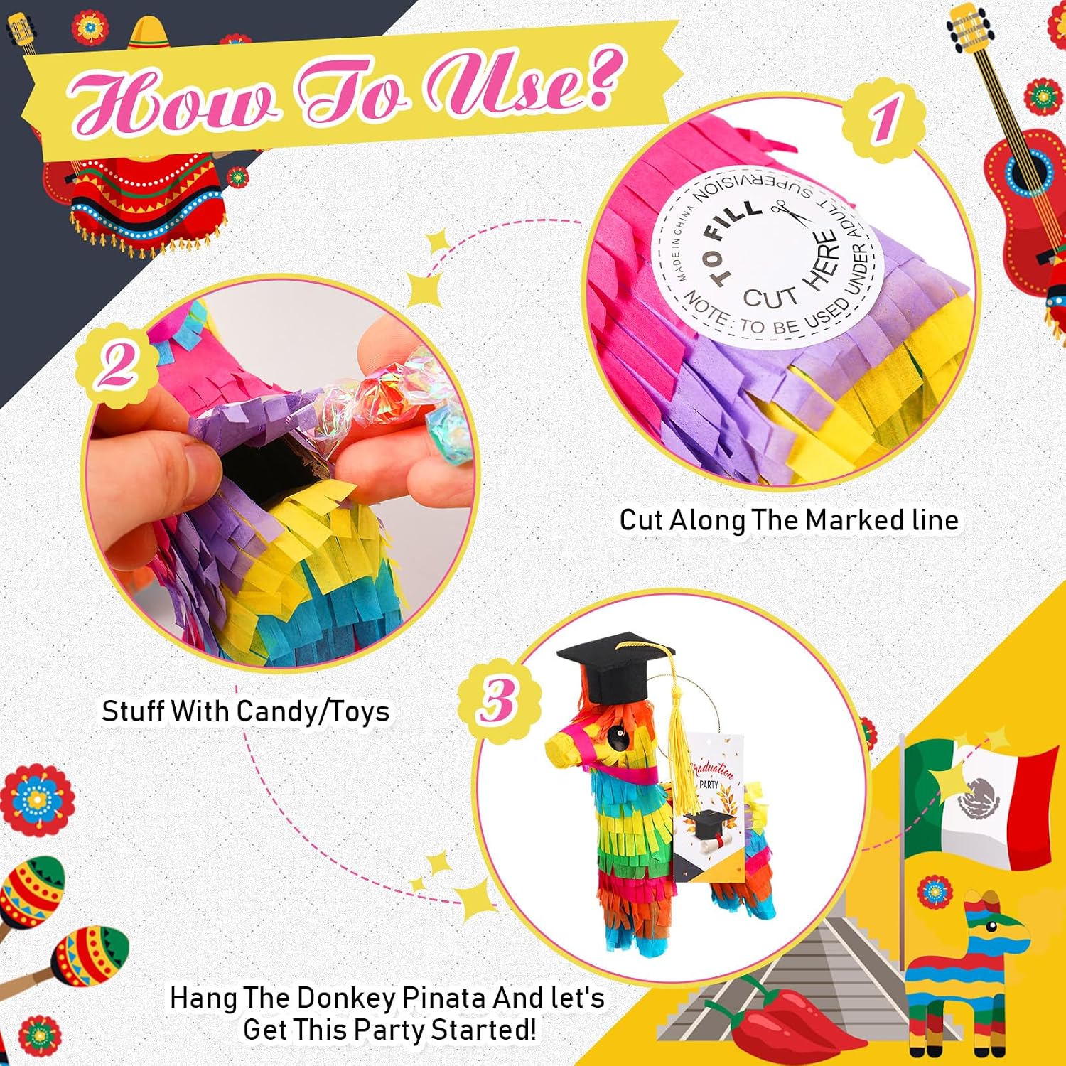 Poen 6 Sets Graduation Donkey Piñata 2026 with Cap 7" x 3.5'' Rainbow Donkey Piñatas for Graduation Party Decorations Mini Graduations Hat and Card for Classroom Gifts Fiestas Party Supplies