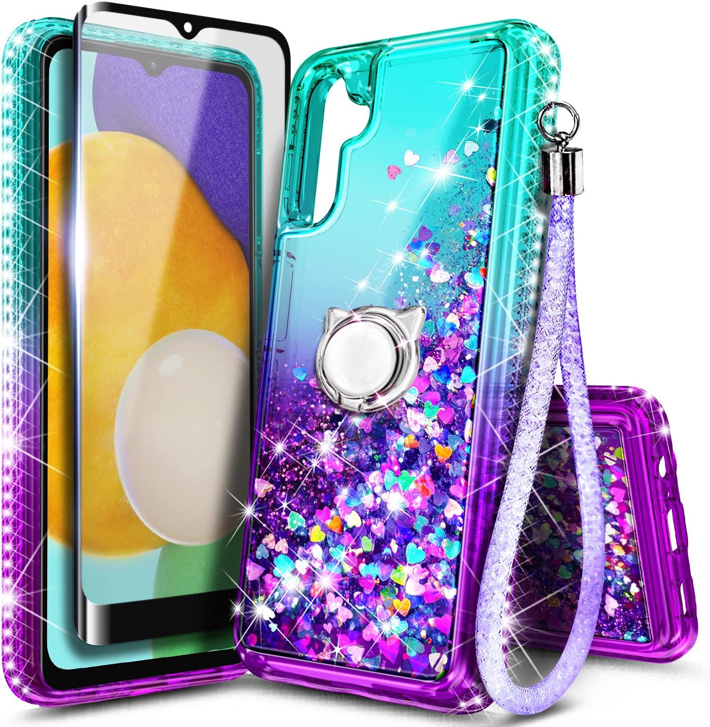 NZND Case for Samsung Galaxy A13 5G with Tempered Glass Screen Protector (Maximum Coverage), Ring Holder/Wrist Strap, Glitter Liquid Floating Waterfall Durable Girls Cute Phone Case (Aqua/Purple)