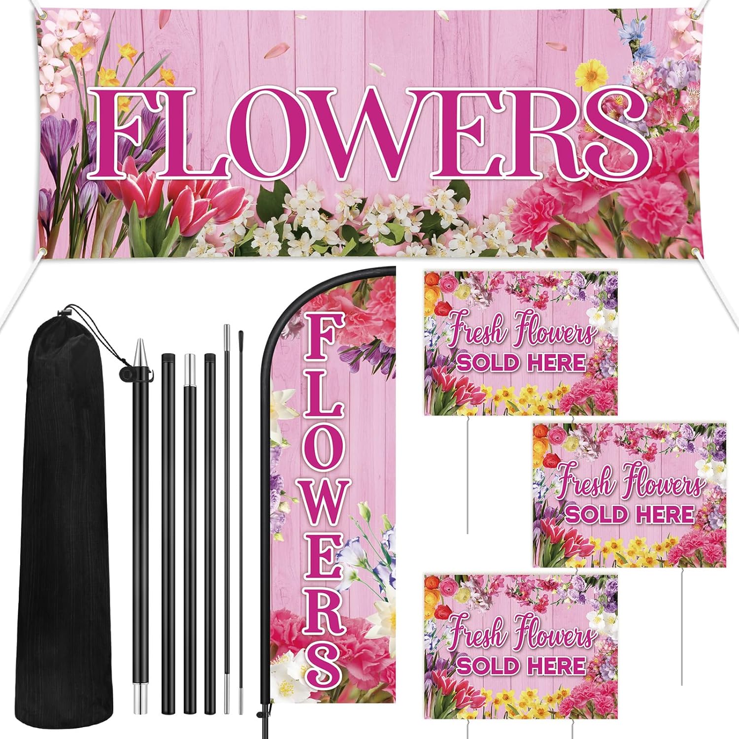 5 Pcs Flowers Sold Here Stand Decor Kit Swooper Feather Flag with Pole Yard Sign and Banner for Outside Advertising Business Lawn Outdoor Decorations