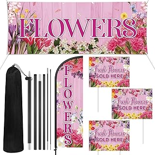 5 Pcs Flowers Flag Set for Sale Fresh Flowers Sold Here Swooper Feather Flag with Pole Kit and Yard Banner Sign for Business Advertising Supplies Home Lawn Outdoor Decorations