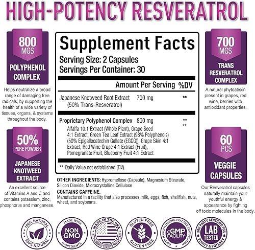 Miniatura 2 de Purely Optimal Resveratrol 1500mg - Suplemento trans-resveratrol de alta potencia con polifenoles, 60 cápsulas veganas - Apoya el envejecimiento
