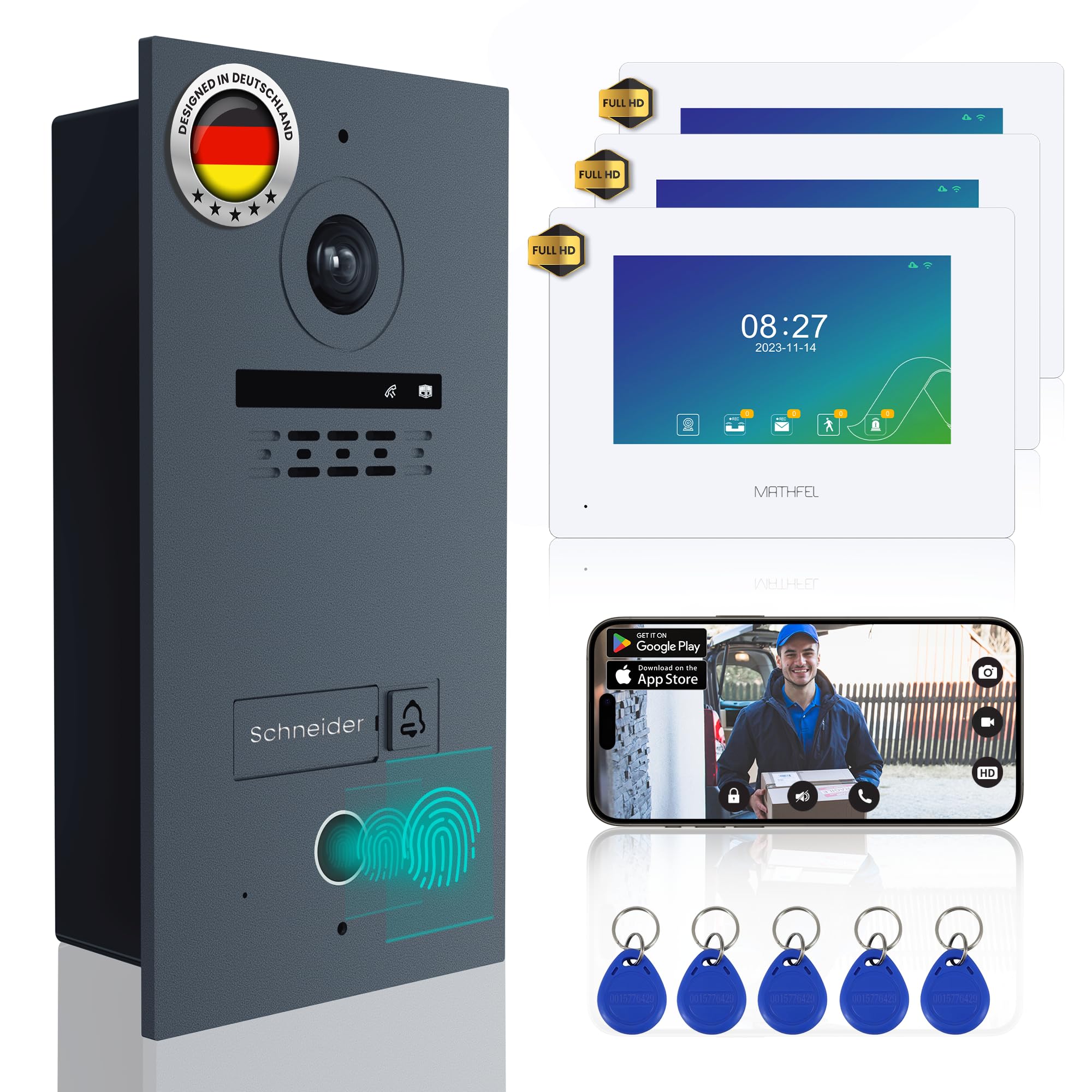 MATHFEL Autobús de 2 hilos IP 3 casa familiar videoportero cámara ojo de pez 170 grados, estación de salida de aluminio, pantalla de 3 x 7 pulgadas blanca con control de acceso RFID