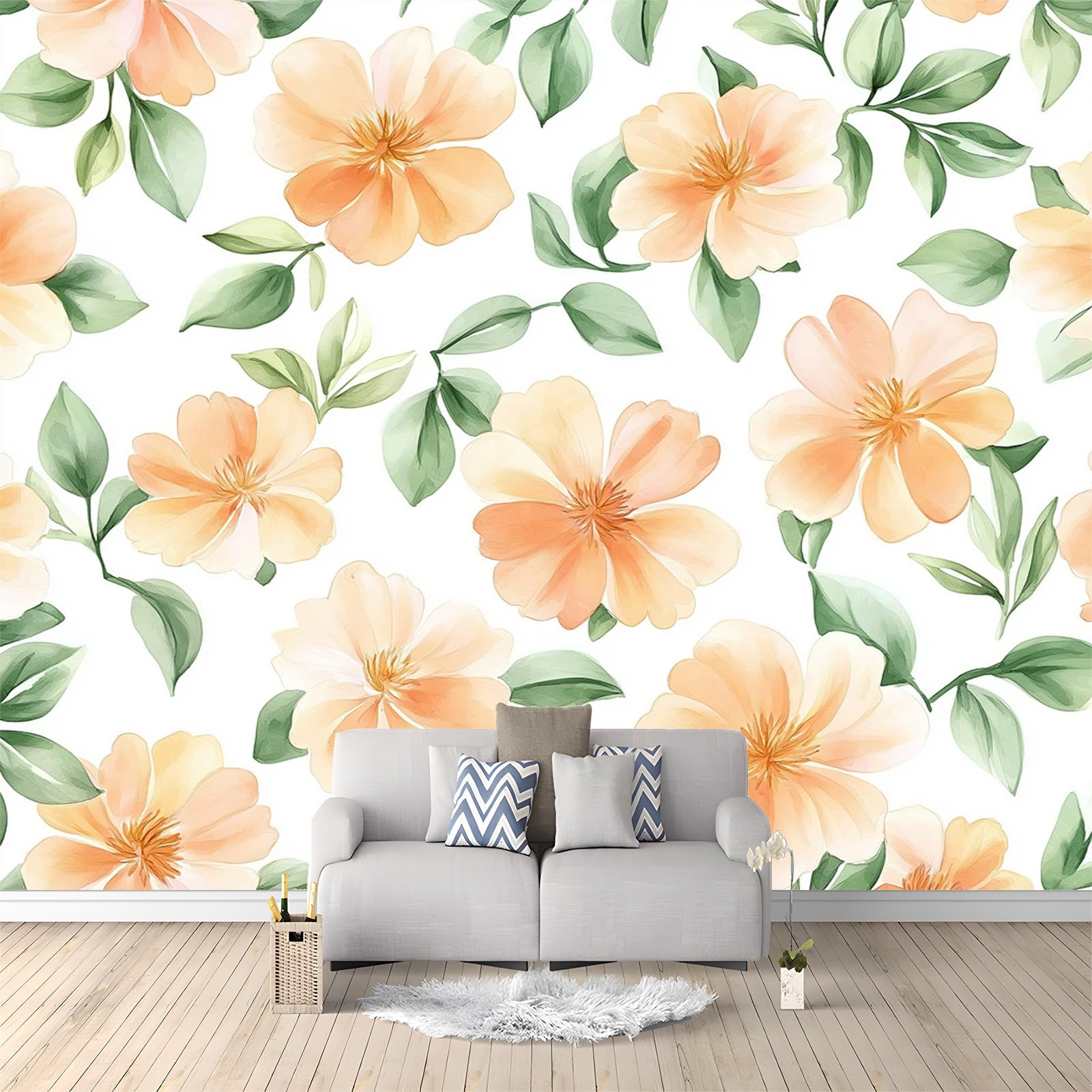 Tapeta 300 x 210 cm Akwarelowane Botaniczne kwiaty brzoskwini Żółty Zielony Malowidło Tapety Na Fototapety Sypialnia Salon
