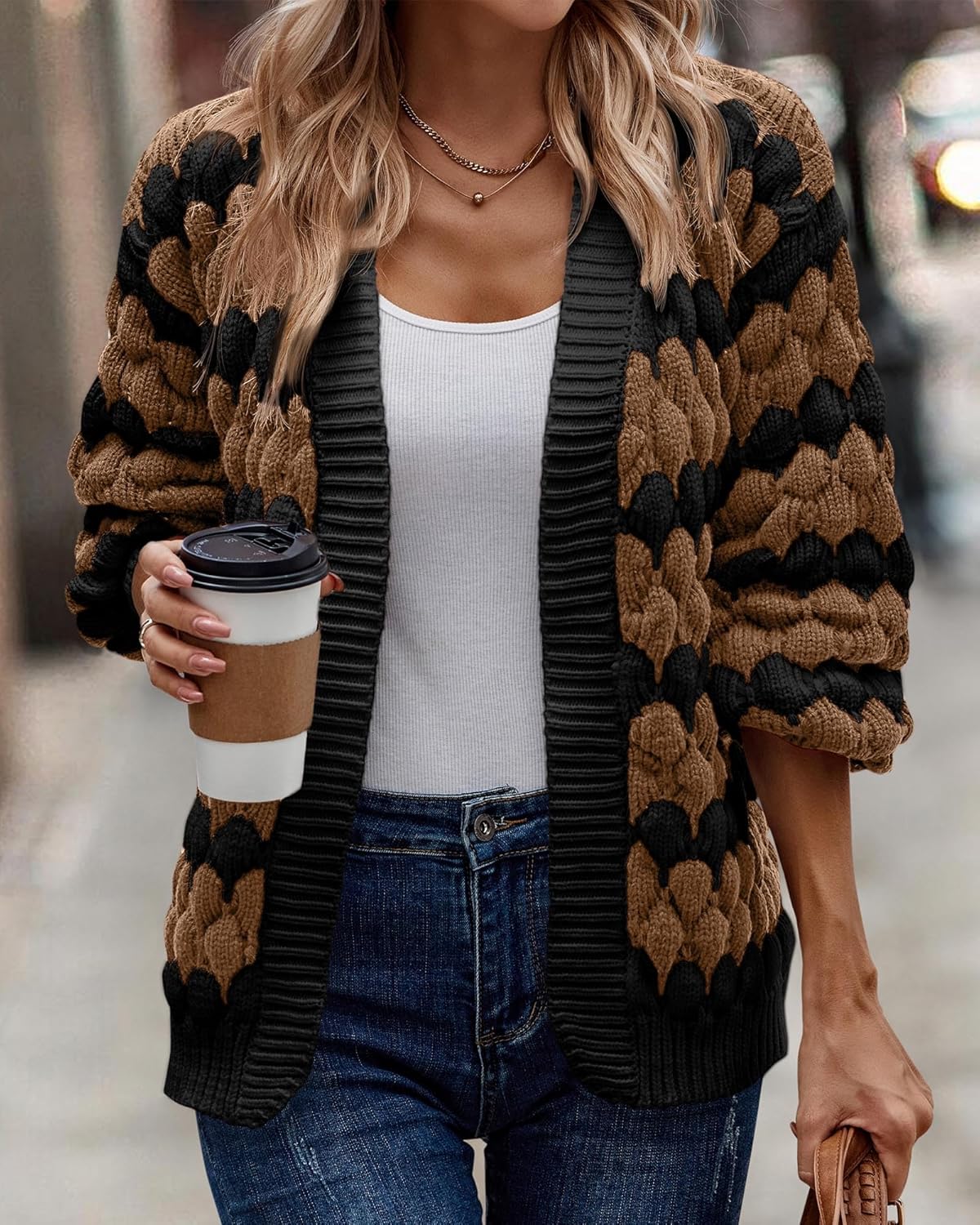 KIRUNDO Womens Cardigan Chunky Fall Fashion Lantern Sleeve Open Front Striped Color Block Cable Knit Winter Sweater Coats - Image 4