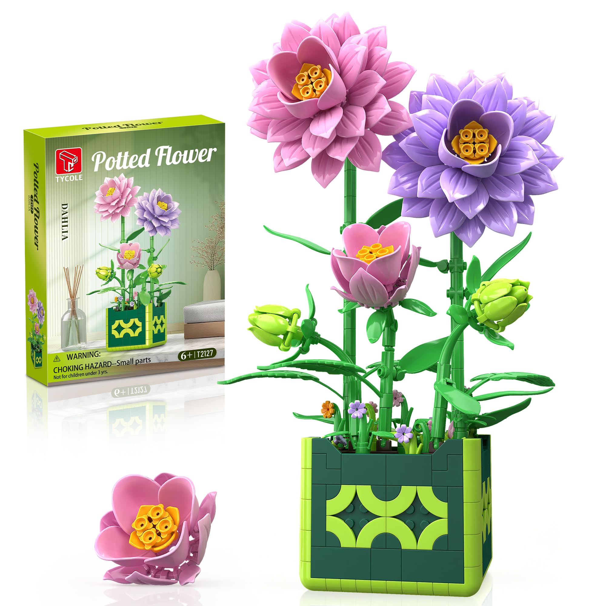 TYCOLE Dahlia Building Toys Artificial Flowers Botanicals Building Blocks Plant Gifts for Women Adults & Teens Birthday Mother's Day Home Decoration 581 Pieces