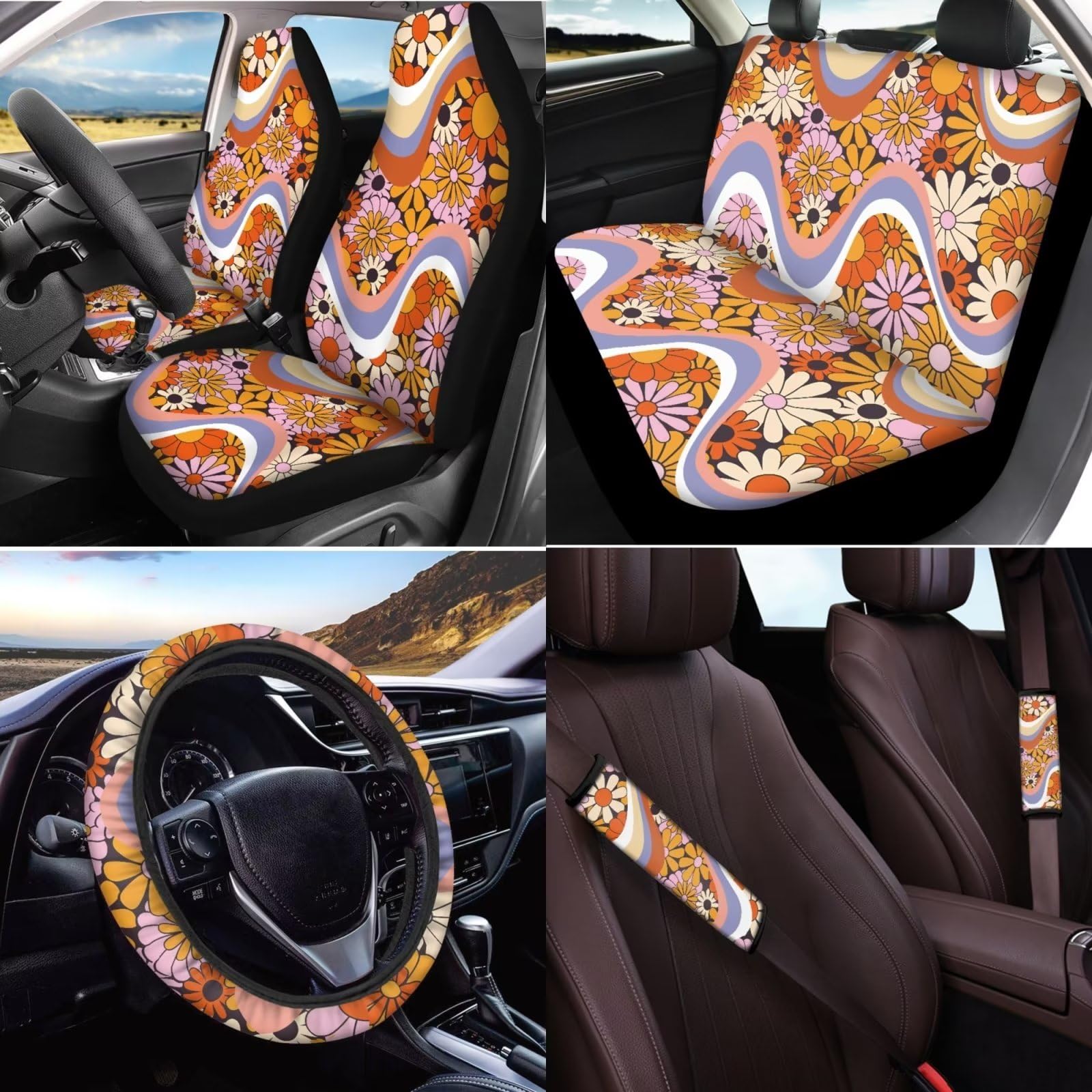 Coprisedili Auto Anteriori 2 Pezzi - Motivo Floreale Hippie, Universali Per Auto E SUV - Foto 2