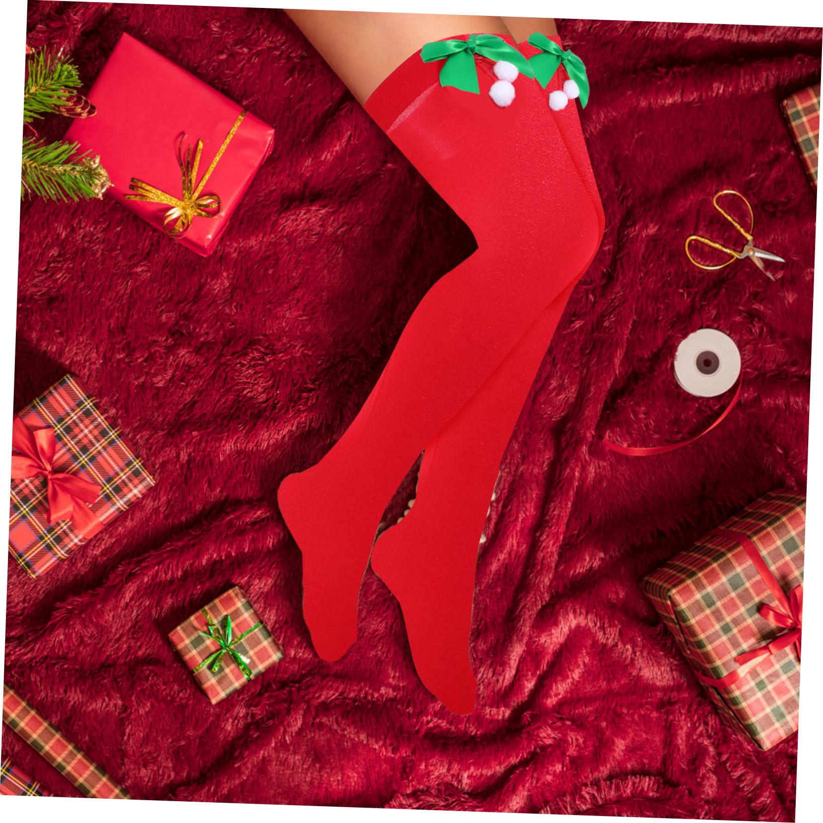 GALPADA 1 Paire Chaussettes Costume Elfe Noël Santa Hiver Voyage Chauffe-Anniversaire Faveurs Rouge Accessoires Cadeau Adultes Filles Cosplay Pom Vacances Femmes Boules Robe