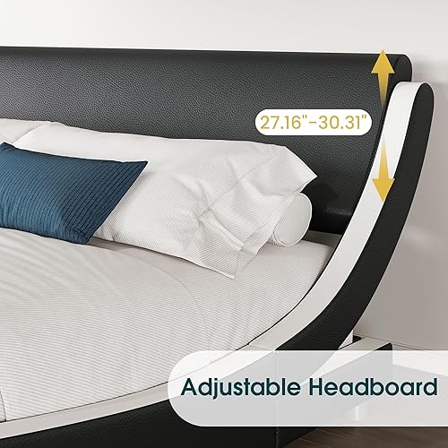 Miniatura 4 de WEEWAY Moderna base de cama tapizada tamaño King con cabecera ajustable, plataforma de piel sintética, soporte de listones de madera, no necesita