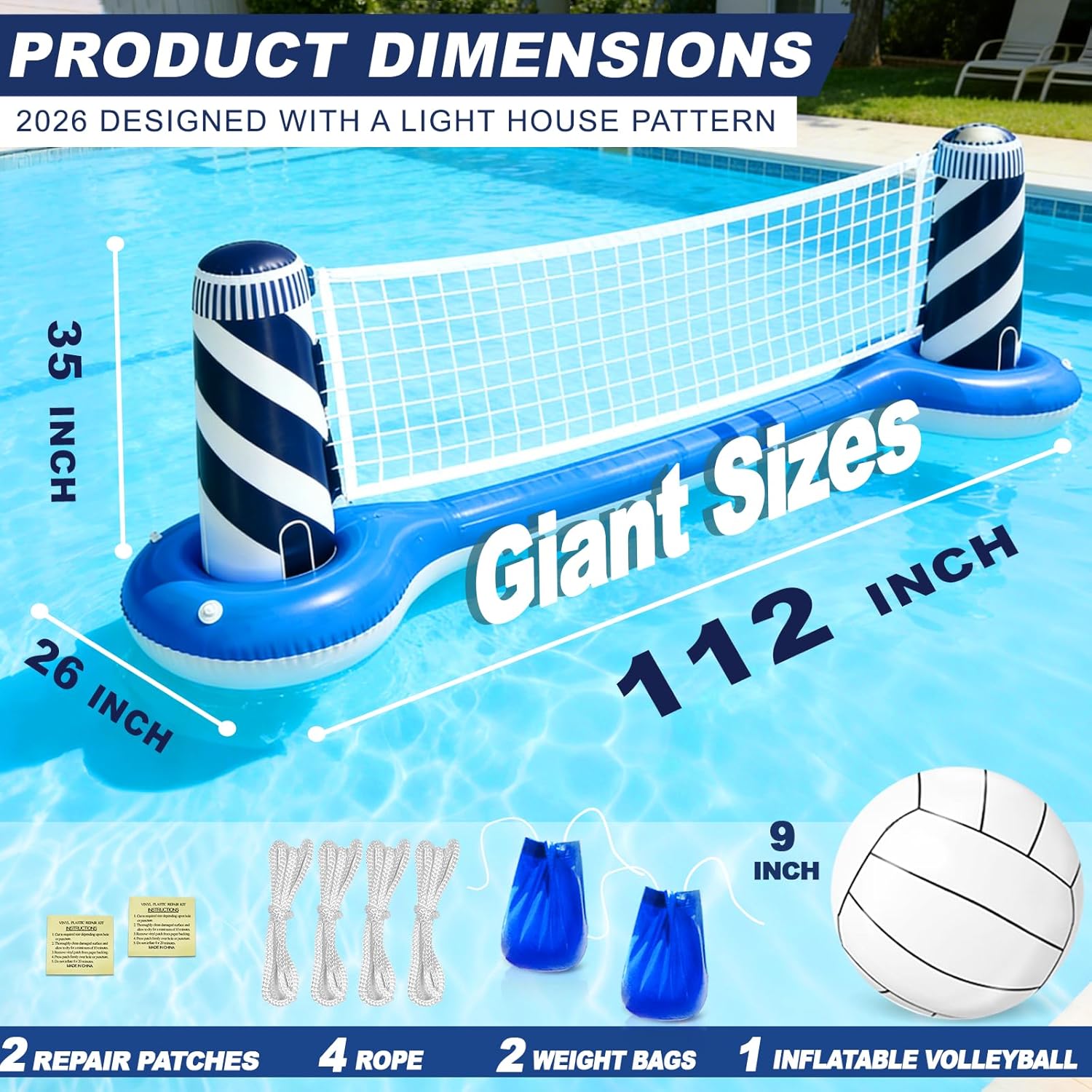 Inflatable Pool Games Volleyball Net Pool Float Set with 19" Beach Ball, Lighthouse Design – Floating Swimming Water Sports Toys for Adults, Perfect for Summer Pool Party Supply (112"X26"X35")